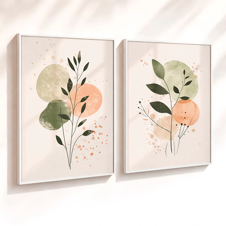 Kit 2 Quadros Decorativos com Moldura Folhas Orgânicas Tons Verde Terracota Minimalista NOXHome