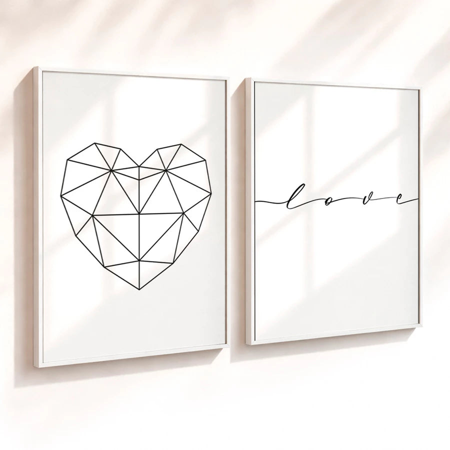 Kit 2 Quadros Decorativos com Moldura Coração Geométrico Love Minimalista NOXHome