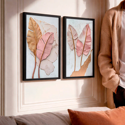 Kit 2 Quadros Decorativos com Moldura Folhas Rosé Gold Textura Elegante Luxo NOXHome