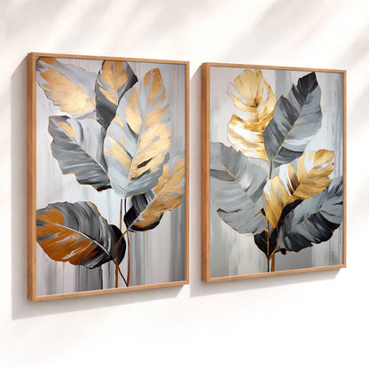 Kit 2 Quadros Decorativos com Moldura Folhas Cinza Dourado Tropical Moderno NOXHome