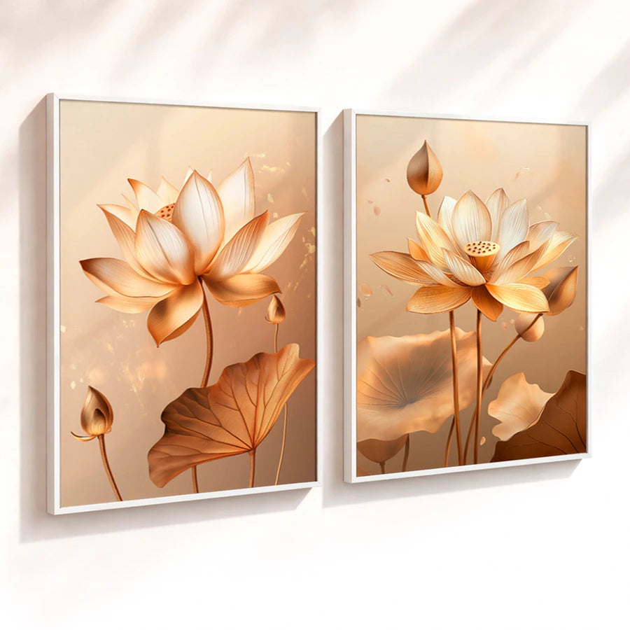Kit 2 Quadros Decorativos com Moldura Flor de Lótus Dourada Arte Zen Elegante NOXHome