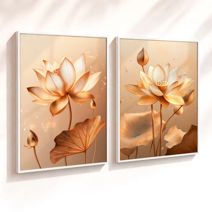 Kit 2 Quadros Decorativos com Moldura Flor de Lótus Dourada Arte Zen Elegante NOXHome