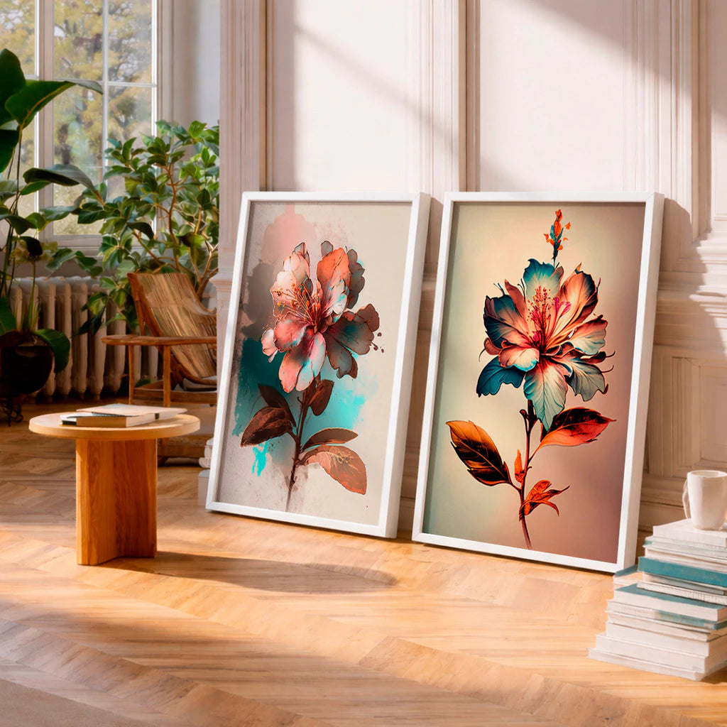 Kit 2 Quadros Decorativos com Moldura Flor Colorida Arte Moderna Tons Pastel NOXHome