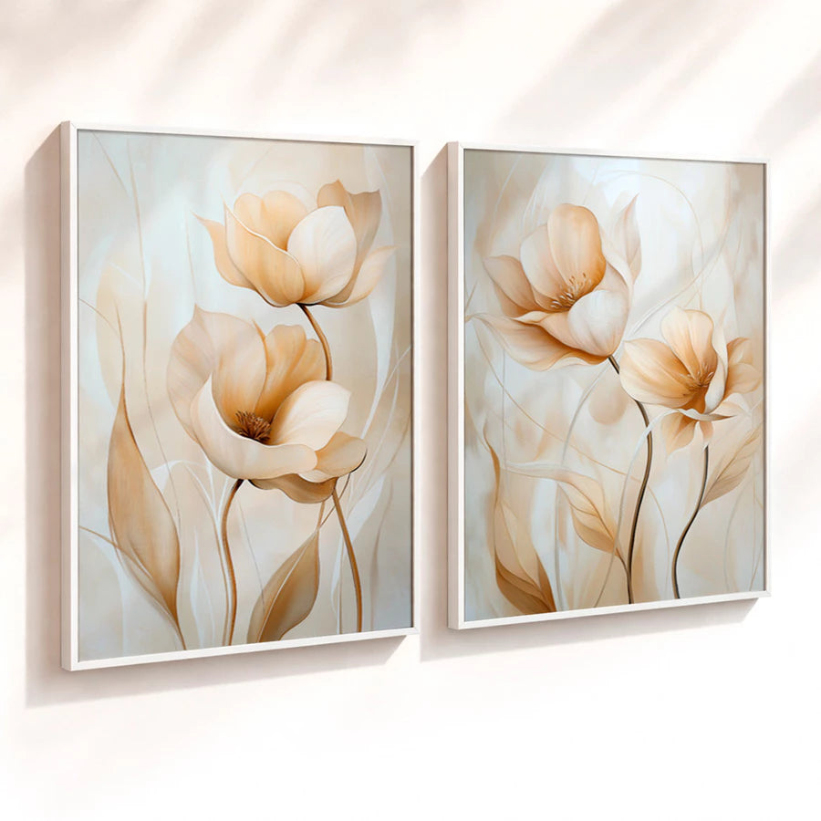 Kit 2 Quadros Decorativos com Moldura Flor de Lótus Bege Minimalista NOXHome