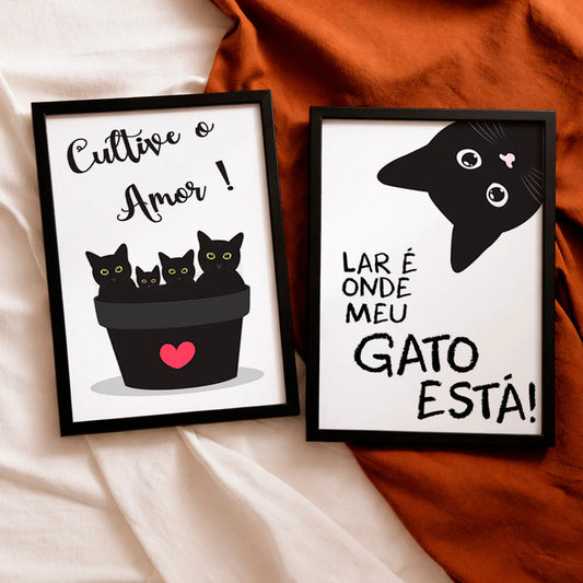 Kit 2 Quadros Decorativos com Moldura Gatos Frases Amor Pet Preto Branco NOXHome