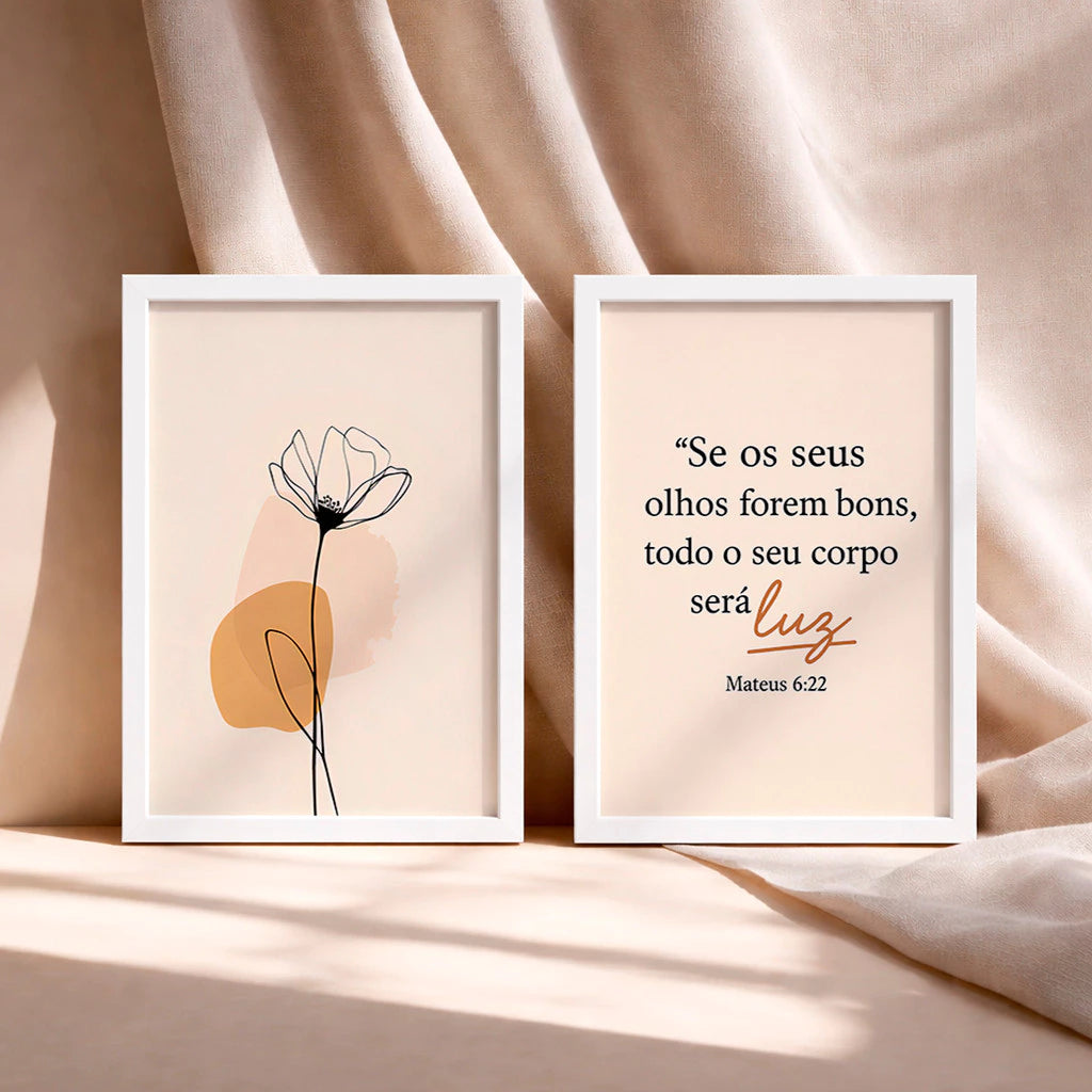 Kit 2 Quadros Decorativos com Moldura Flor Versículo Bíblico Mateus 6:22 Fé NOXHome