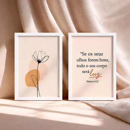 Kit 2 Quadros Decorativos com Moldura Flor Versículo Bíblico Mateus 6:22 Fé NOXHome