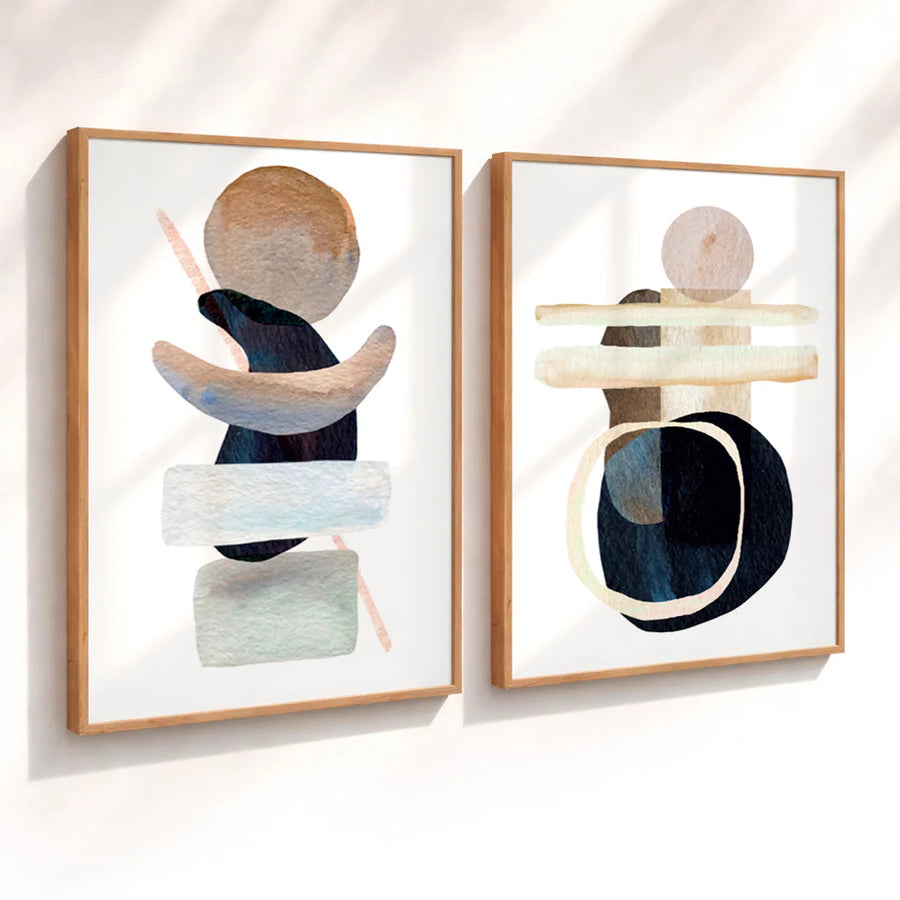Kit 2 Quadros Decorativos com Moldura Abstrato Neutro Formas Orgânicas Bege NOXHome