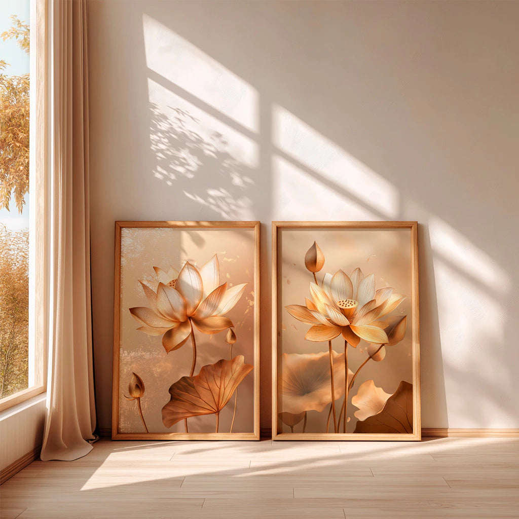 Kit 2 Quadros Decorativos com Moldura Flor de Lótus Dourada Arte Zen Elegante NOXHome
