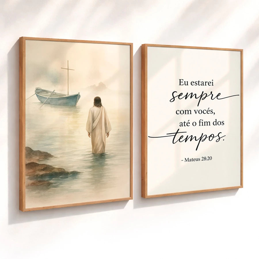 Kit 2 Quadros Decorativos com Moldura Jesus Barco Versículo Bíblico Mateus Religioso Fé NOXHome
