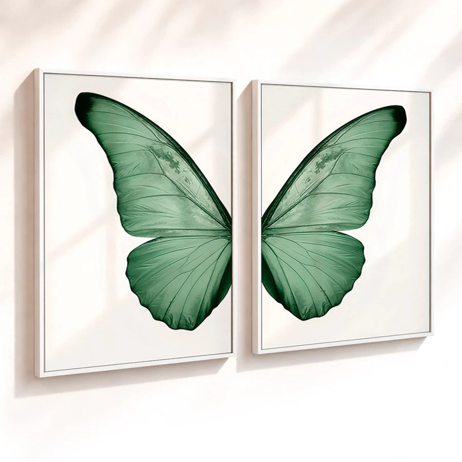 Kit 2 Quadros Decorativos com Moldura Asas Borboleta Verde Minimalista NOXHome