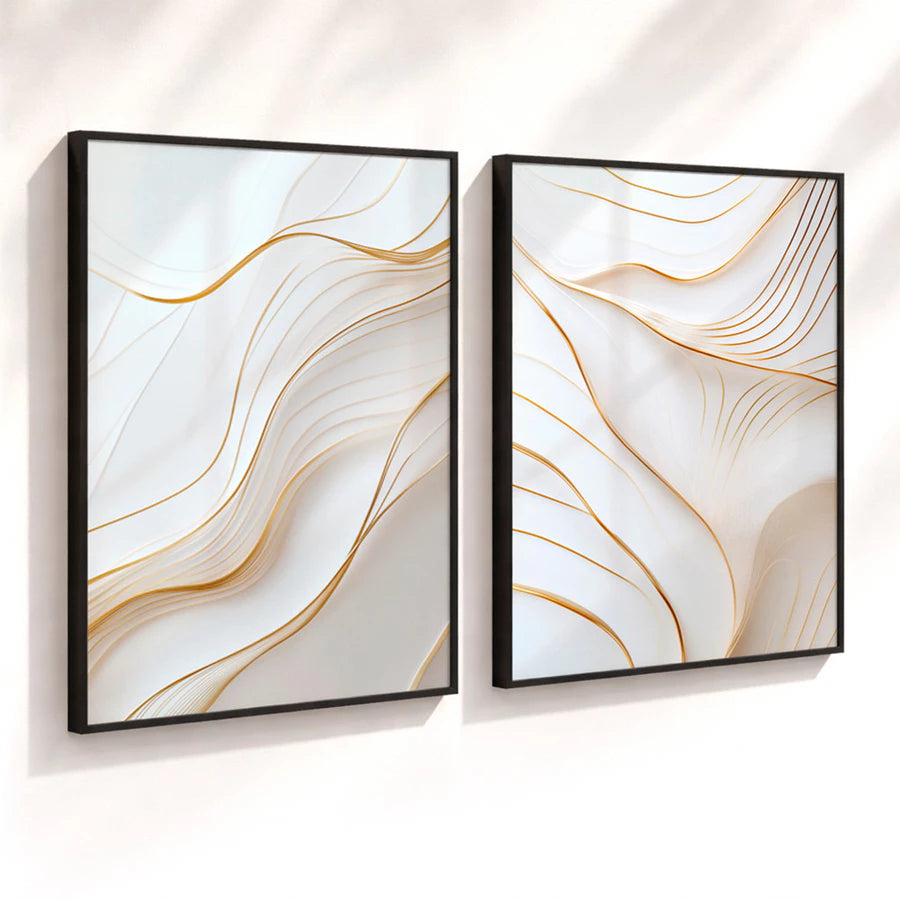Kit 2 Quadros Decorativos com Moldura Linhas Douradas Abstrato Branco Luxo Minimalista NOXHome