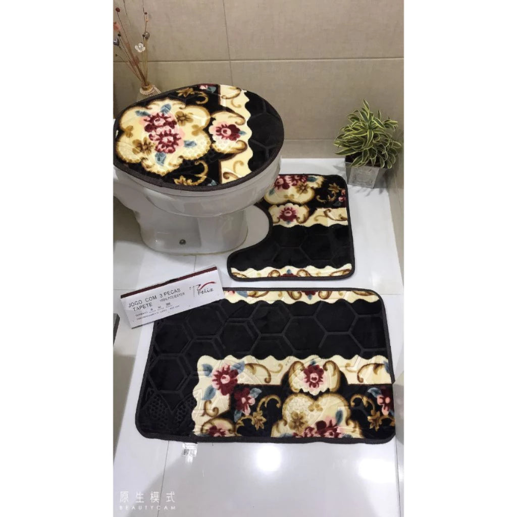 Jogo de Tapete para Banheiro Floral NOXHome | Antiderrapante 100% – Kit 3 Peças