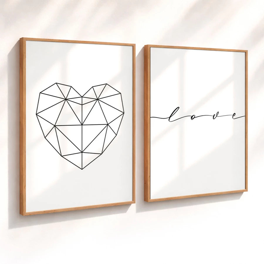 Kit 2 Quadros Decorativos com Moldura Coração Geométrico Love Minimalista NOXHome