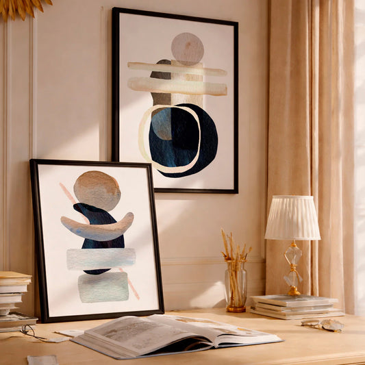 Kit 2 Quadros Decorativos com Moldura Abstrato Neutro Formas Orgânicas Bege NOXHome