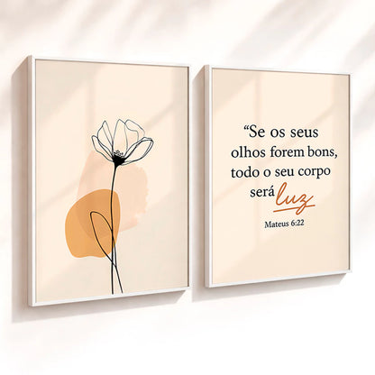 Kit 2 Quadros Decorativos com Moldura Flor Versículo Bíblico Mateus 6:22 Fé NOXHome