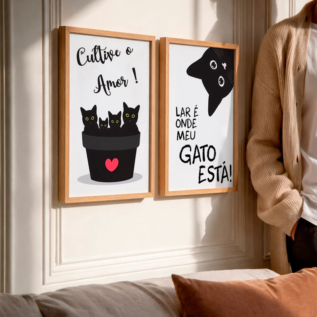 Kit 2 Quadros Decorativos com Moldura Gatos Frases Amor Pet Preto Branco NOXHome