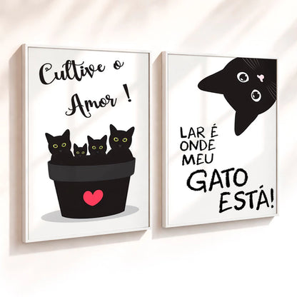 Kit 2 Quadros Decorativos com Moldura Gatos Frases Amor Pet Preto Branco NOXHome