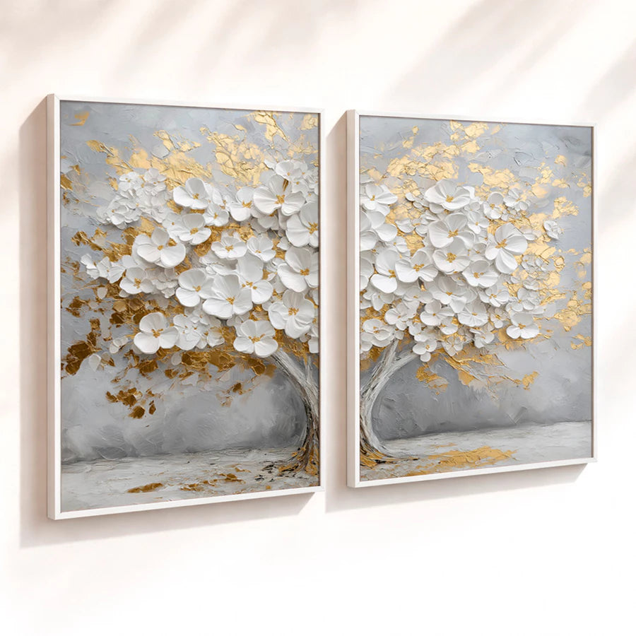 Kit 2 Quadros Decorativos com Moldura Árvore Flores Brancas Dourado Luxo NOXHome