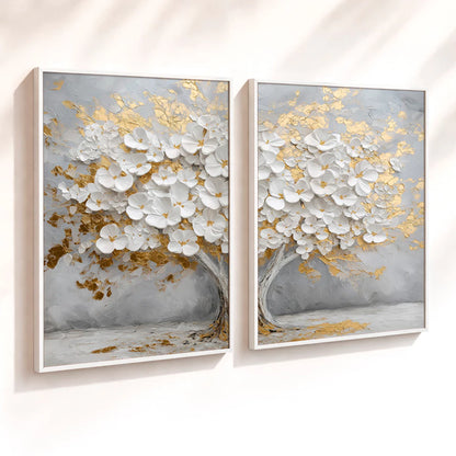 Kit 2 Quadros Decorativos com Moldura Árvore Flores Brancas Dourado Luxo NOXHome