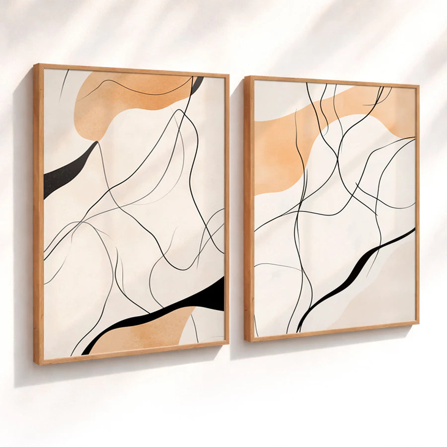 Kit 2 Quadros Decorativos com Moldura Linhas Abstratas Minimalista Bege NOXHome