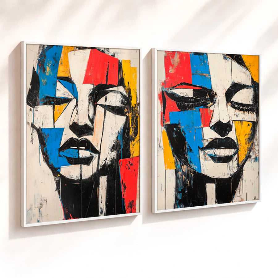 Kit 2 Quadros Decorativos com Moldura Rosto Abstrato Colorido Moderno NOXHome