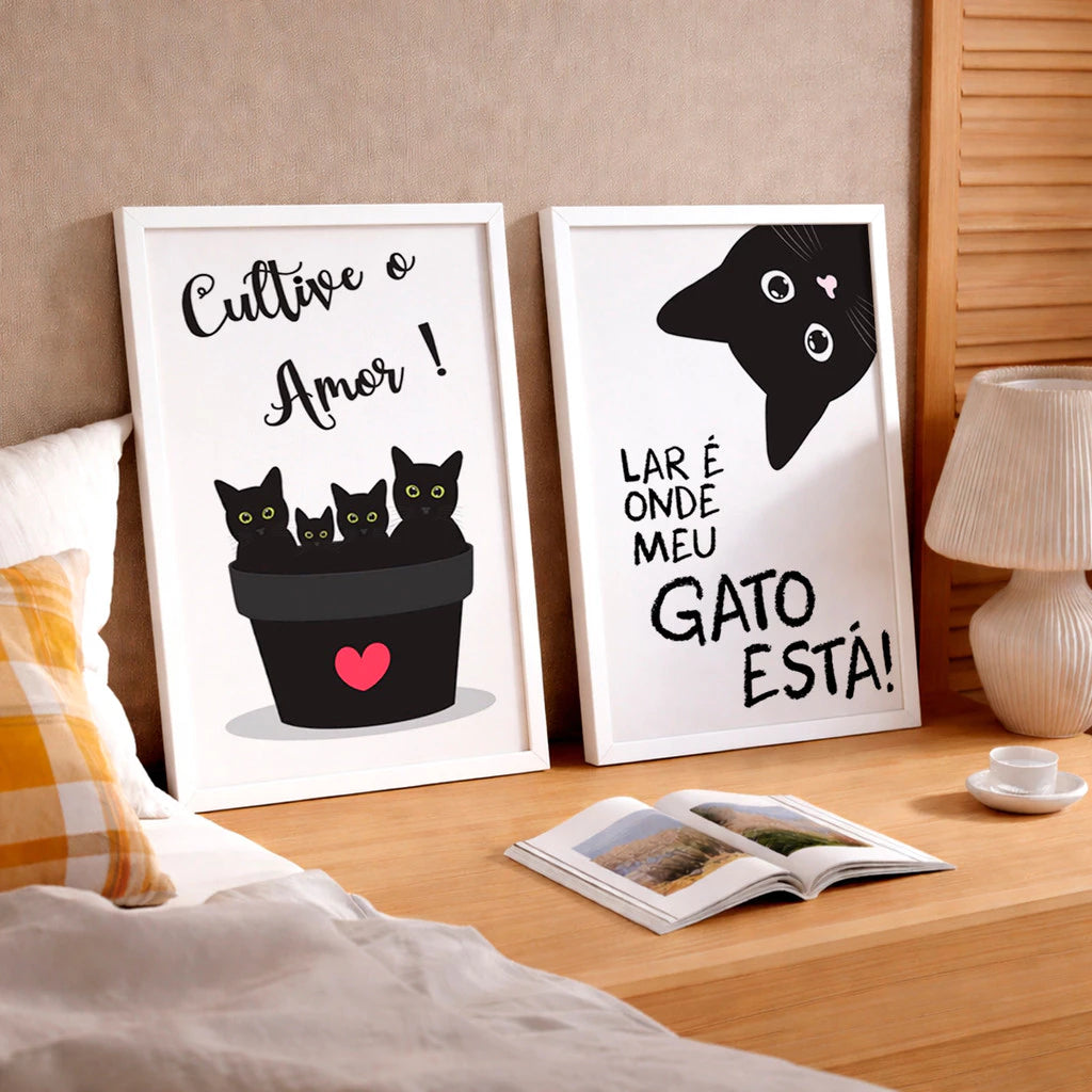 Kit 2 Quadros Decorativos com Moldura Gatos Frases Amor Pet Preto Branco NOXHome