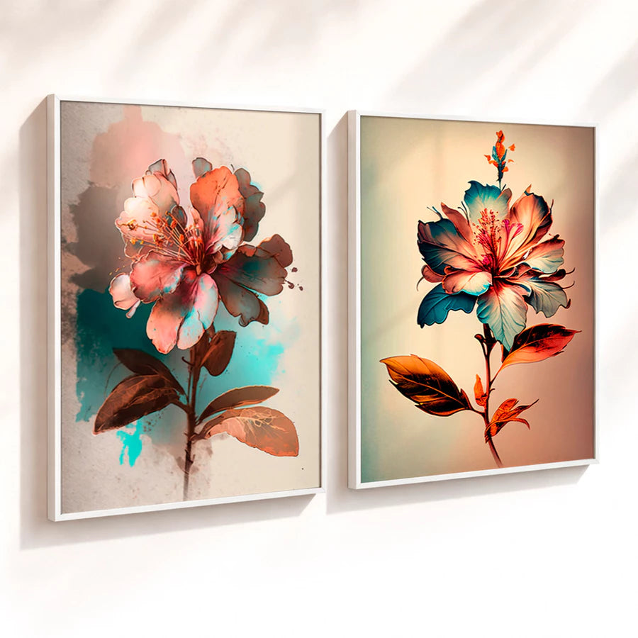 Kit 2 Quadros Decorativos com Moldura Flor Colorida Arte Moderna Tons Pastel NOXHome