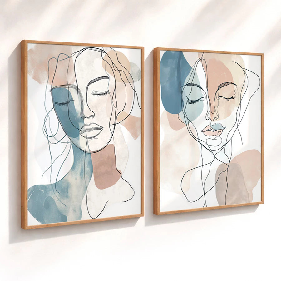Kit 2 Quadros Decorativos com Moldura Rosto Feminino Abstrato Minimalista NOXHome