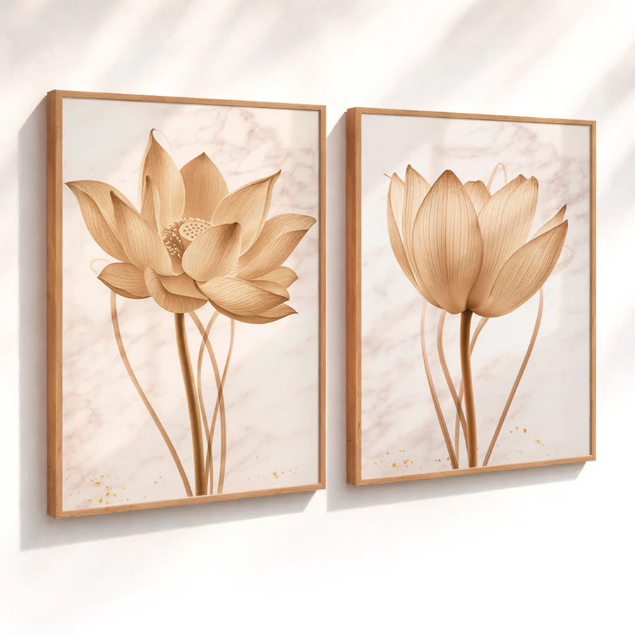Kit 2 Quadros Decorativos Flor de Lótus Bege Minimalista NOXHome
