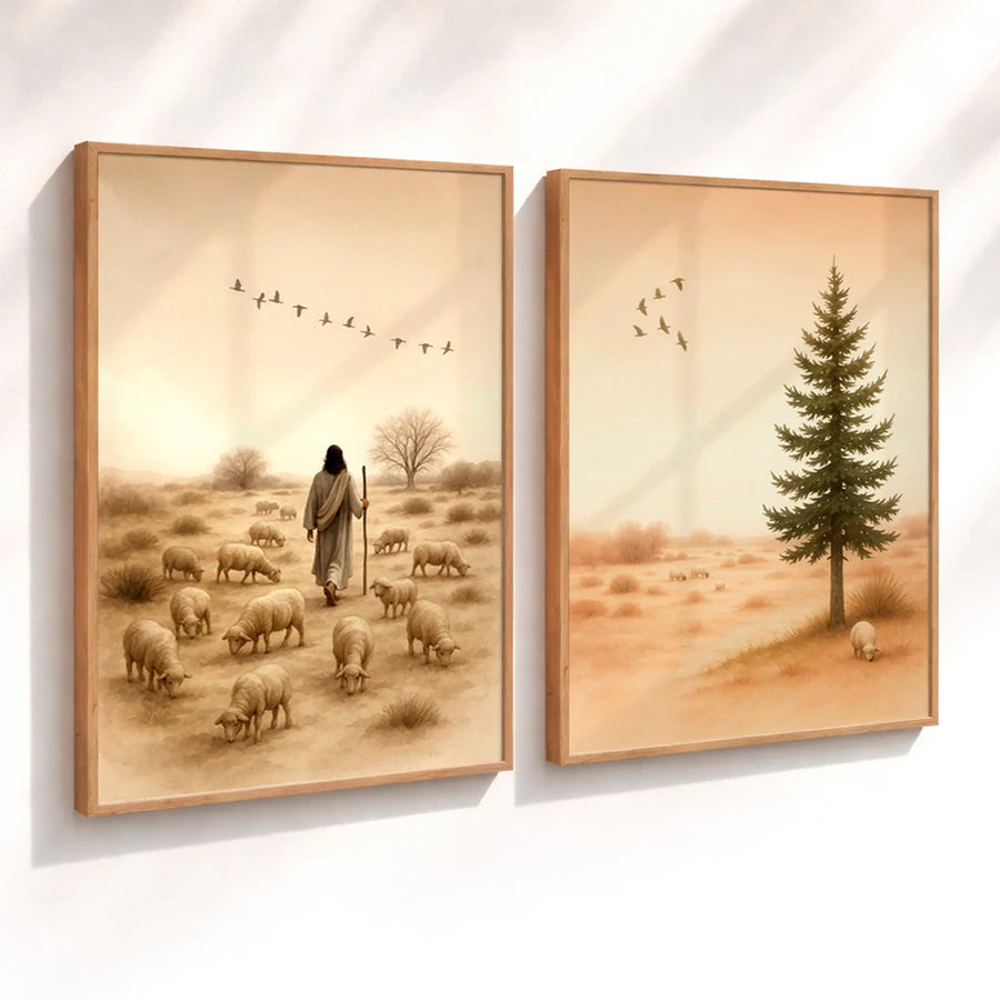 Kit 2 Quadros Decorativos com Moldura Jesus Pastor Ovelhas Paisagem Religioso Fé NOXHome