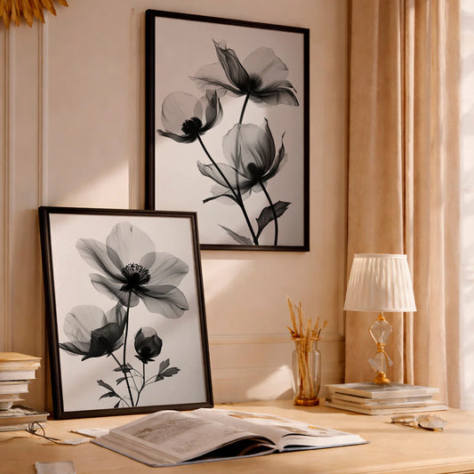 Kit 2 Quadros Decorativos com Moldura Flores Preto e Branco Floral Minimalista NOXHome