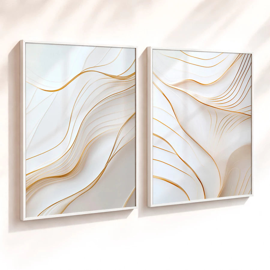 Kit 2 Quadros Decorativos com Moldura Linhas Douradas Abstrato Branco Luxo Minimalista NOXHome
