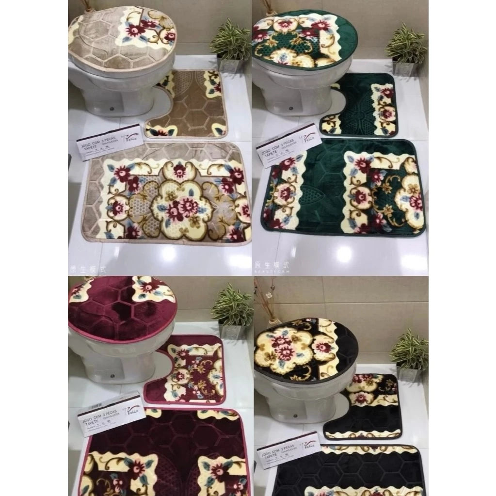 Jogo de Tapete para Banheiro Floral NOXHome | Antiderrapante 100% – Kit 3 Peças