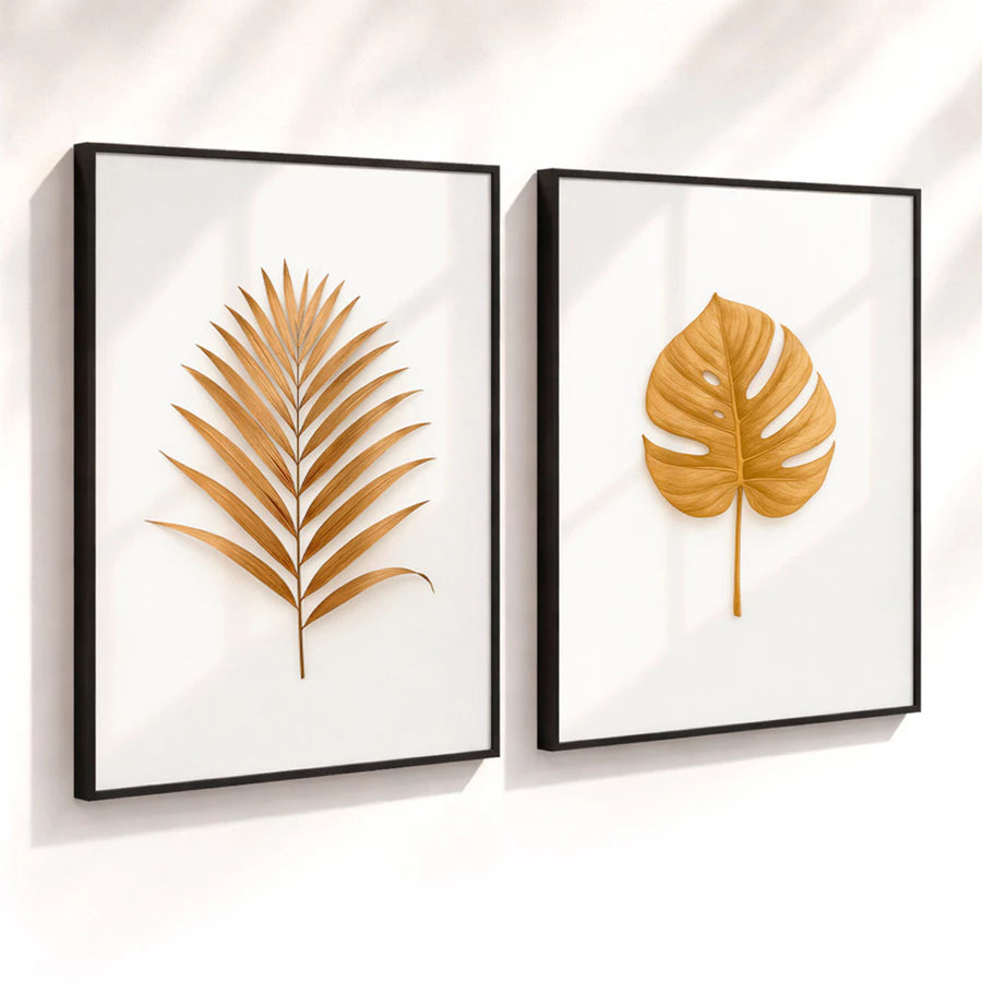 Kit 2 Quadros Decorativos com Moldura Folhas Douradas Minimalista Luxo NOXHome