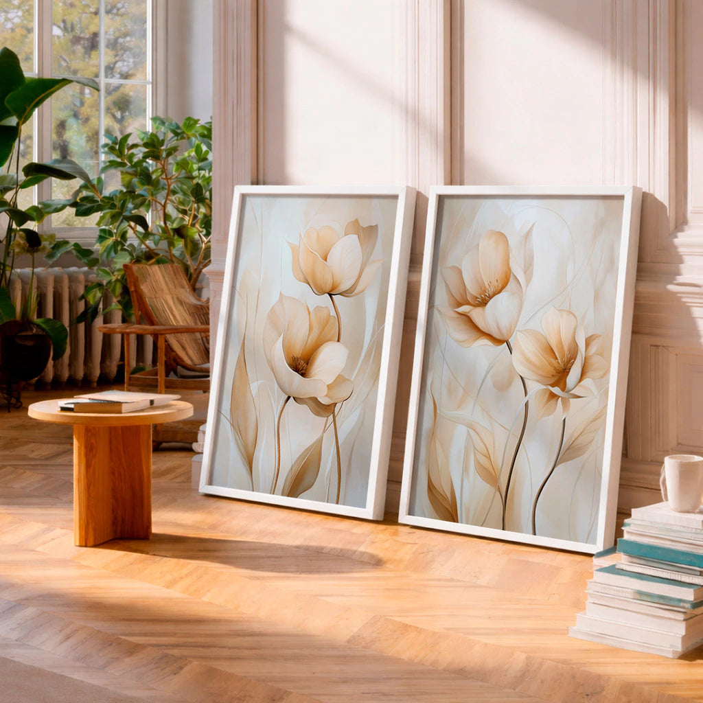 Kit 2 Quadros Decorativos com Moldura Flor de Lótus Bege Minimalista NOXHome