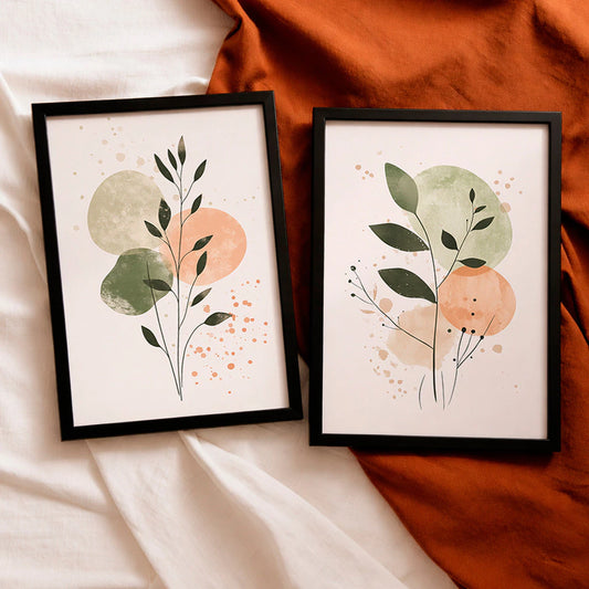 Kit 2 Quadros Decorativos com Moldura Folhas Orgânicas Tons Verde Terracota Minimalista NOXHome