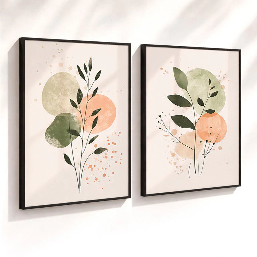 Kit 2 Quadros Decorativos com Moldura Folhas Orgânicas Tons Verde Terracota Minimalista NOXHome