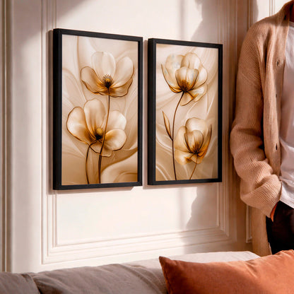 Kit 2 Quadros Decorativos com Moldura Flores Douradas Elegantes Luxo Floral Bege NOXHome
