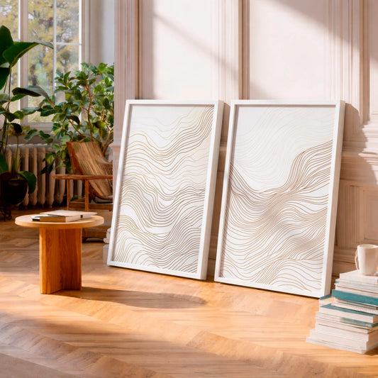 Kit 2 Quadros Decorativos com Moldura Linhas Onduladas Douradas Minimalista NOXHome
