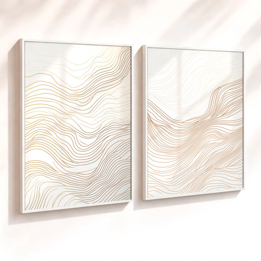Kit 2 Quadros Decorativos com Moldura Linhas Onduladas Douradas Minimalista NOXHome