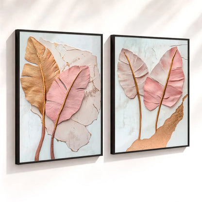 Kit 2 Quadros Decorativos com Moldura Folhas Rosé Gold Textura Elegante Luxo NOXHome