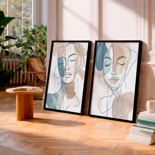 Kit 2 Quadros Decorativos com Moldura Rosto Feminino Abstrato Minimalista NOXHome