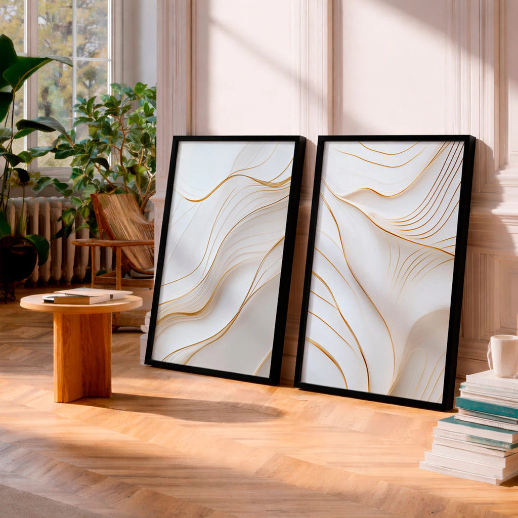 Kit 2 Quadros Decorativos com Moldura Linhas Douradas Abstrato Branco Luxo Minimalista NOXHome