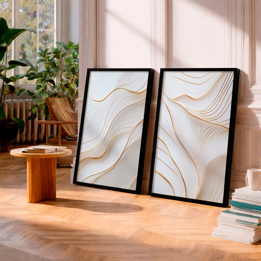 Kit 2 Quadros Decorativos com Moldura Linhas Douradas Abstrato Branco Luxo Minimalista NOXHome