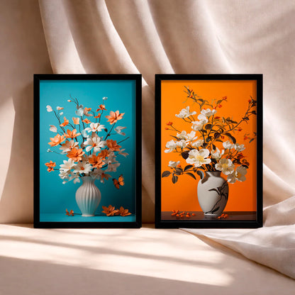 Kit 2 Quadros Decorativos com Moldura Vaso Flores Laranja Azul Moderno NOXHome