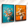 Kit 2 Quadros Decorativos com Moldura Vaso Flores Laranja Azul Moderno NOXHome