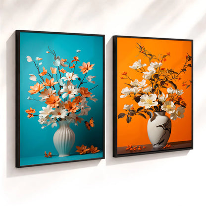 Kit 2 Quadros Decorativos com Moldura Vaso Flores Laranja Azul Moderno NOXHome