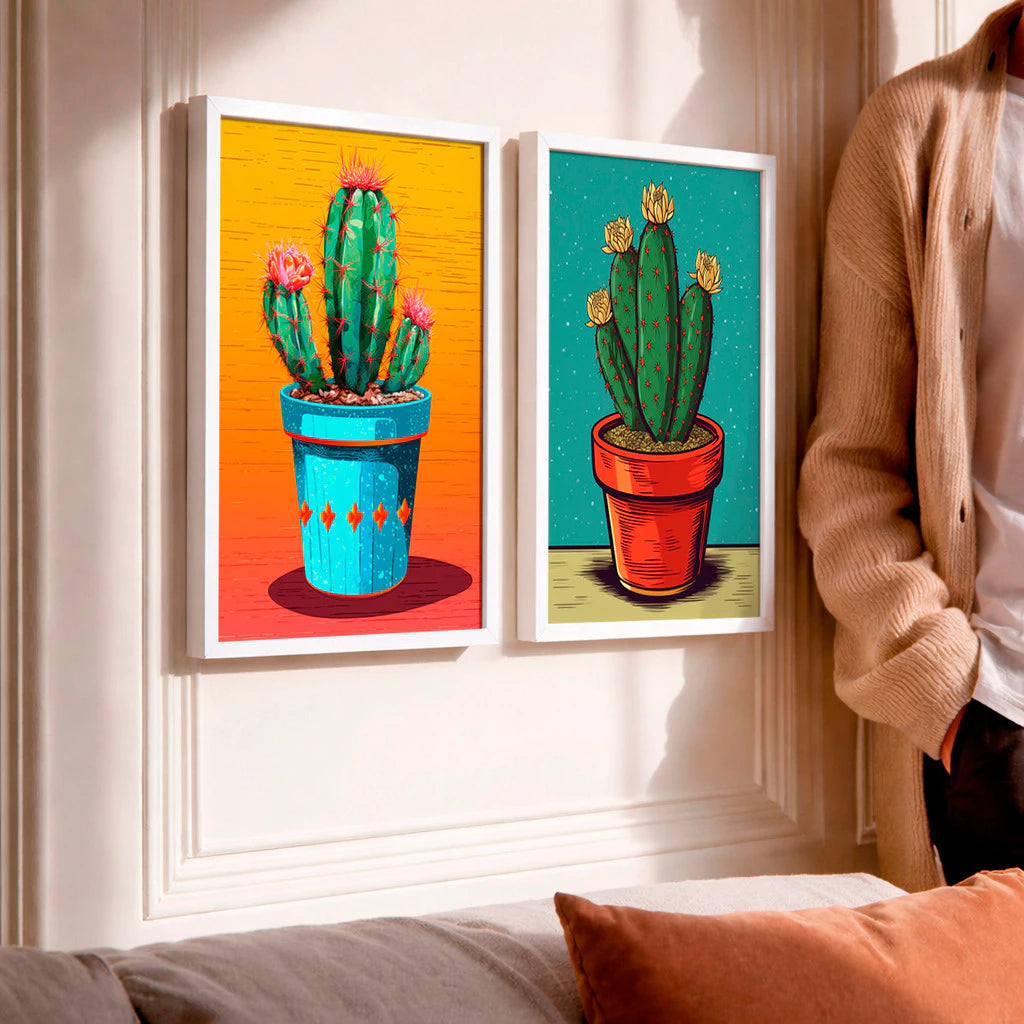 Kit 2 Quadros Decorativos com Moldura Cacto Colorido Arte Vibrante Criativo NOXHome