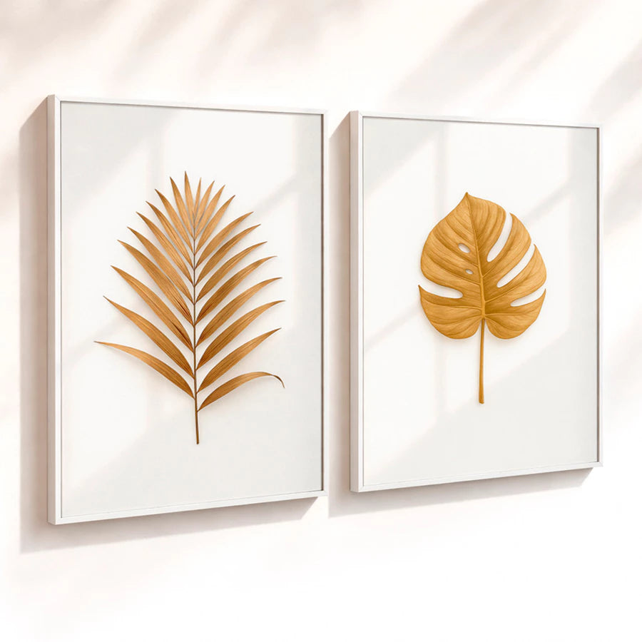 Kit 2 Quadros Decorativos com Moldura Folhas Douradas Minimalista Luxo NOXHome